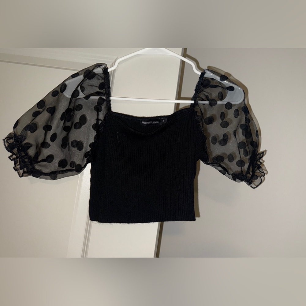 PrettyLittleThing Black Ribbed Sheer Balloon Sleeve Spot Sleeve Knitted Top